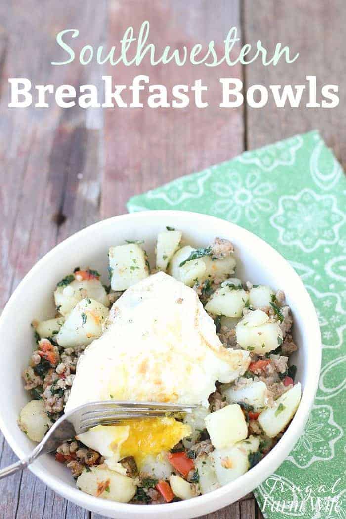 Image shows a bowl of potatoes topped with egg with text that reads "Southwestern Breakfast Bowls"