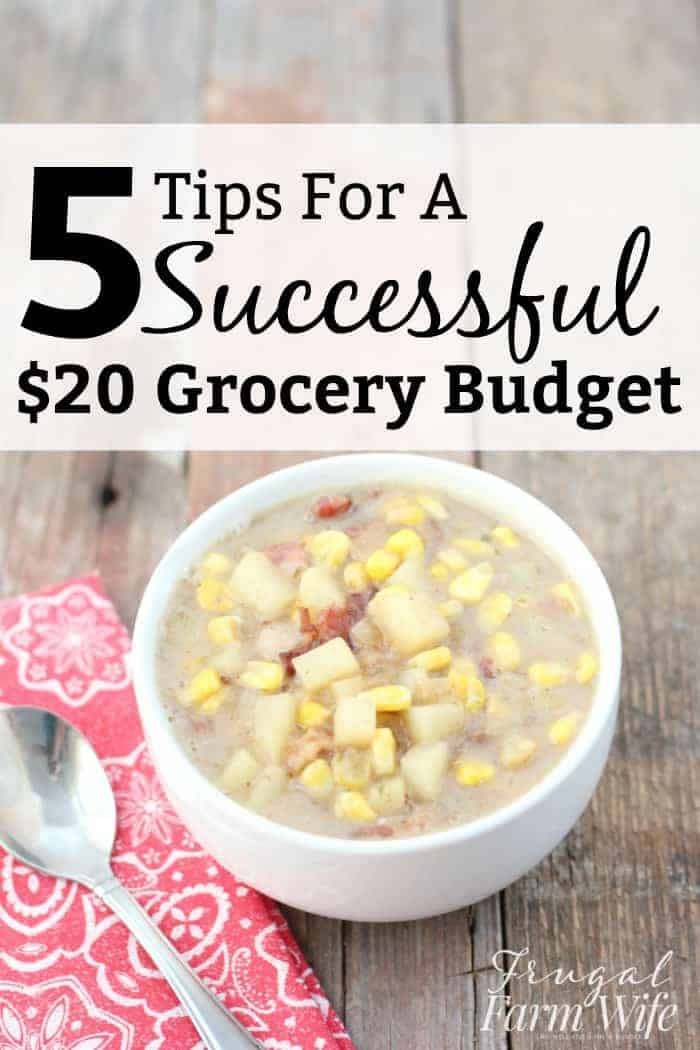 Image shows a photo of a bowl of potato soup with corn soup and text above that reads "5 Tips for a Successful $20 Grocery Budget"