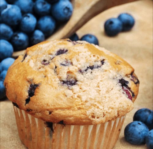 Image shows a close up of a blueberry muffin on a table, with blueberries sprinkled around nearby.