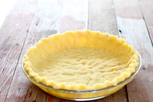 Photo shows a glass pie plate with a coconut flour pie crust in it
