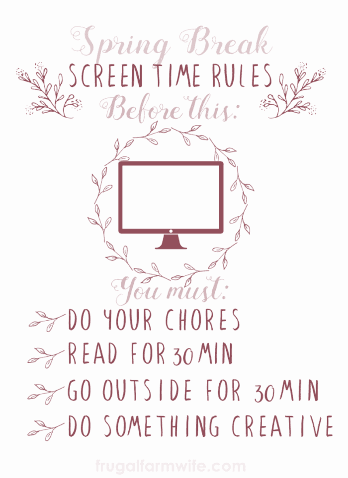 Image shows a printable Spring Break Screen Time Rules sheet