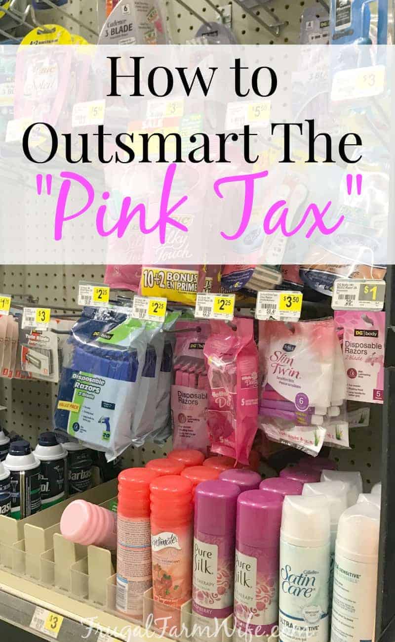 Image shows a store display with women's razors and shaving cream, and text that reads "How to Outsmart the 'Pink Tax'"