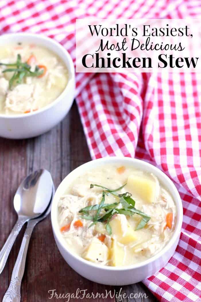 Image shows a bowl of chicken stew next to a red and white tablecloth, with text that reads "World's Easiest, Most Delicious Chicken Stew"