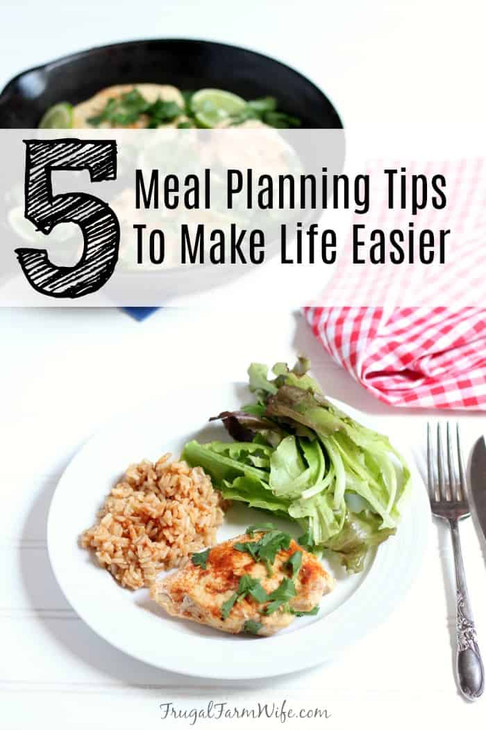 Image shows a white plate with a piece of chicken, a serving of rice, and some salad on it. A fork sits nearby, and text above reads "5 Meal Planning Tips to Make Life Easier"