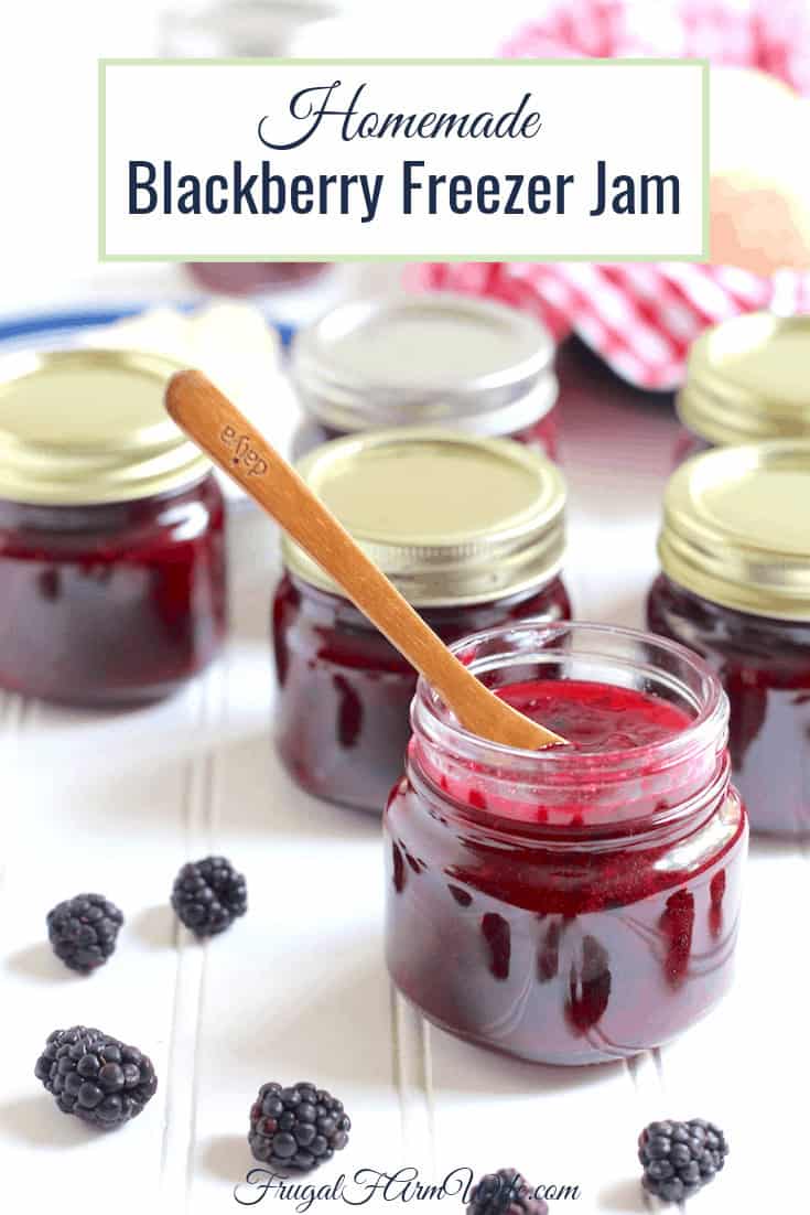 Image shows jars of blackberry jam with the text "Homemade Blackberry Freezer Jam"