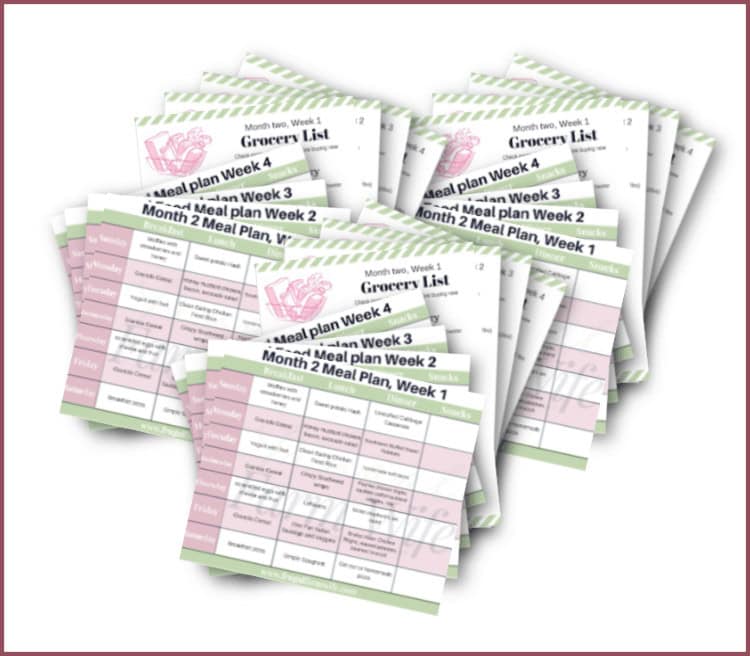 Image shows printable meal plans and grocery lists