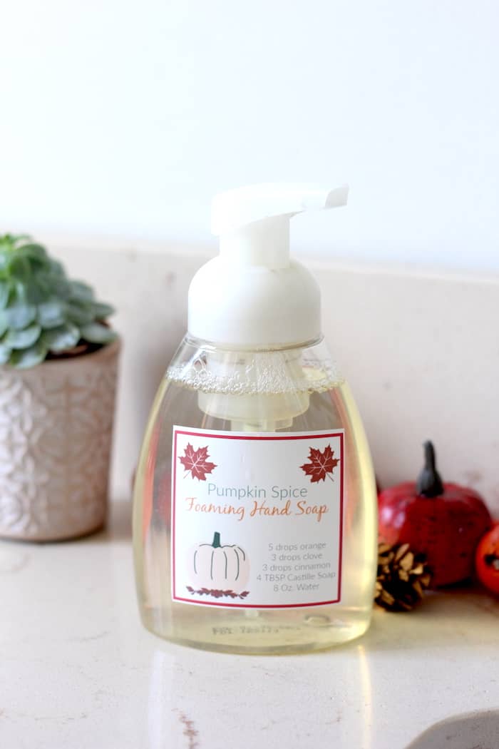 Image shows a close up of a hand soap container, with liquid inside and a label that reads "Pumpkin Spice Foaming Hand Soap." In the background are decorative pumpkins and a small potted plant.
