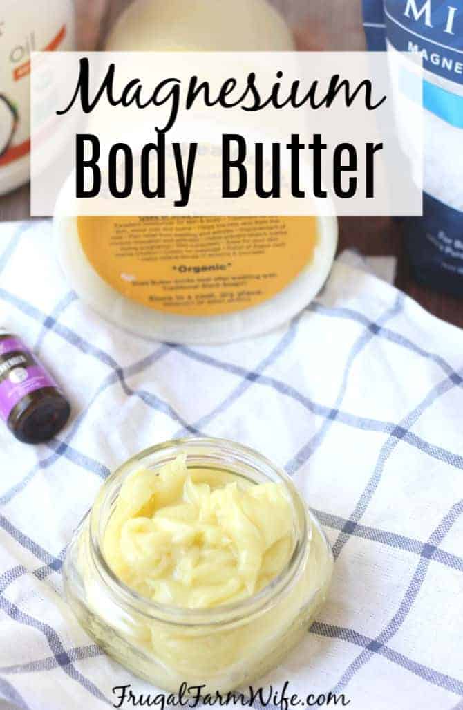 Image shows a jar of body butter on a white and blue cloth, with text that reads "Magnesium Body Butter" 