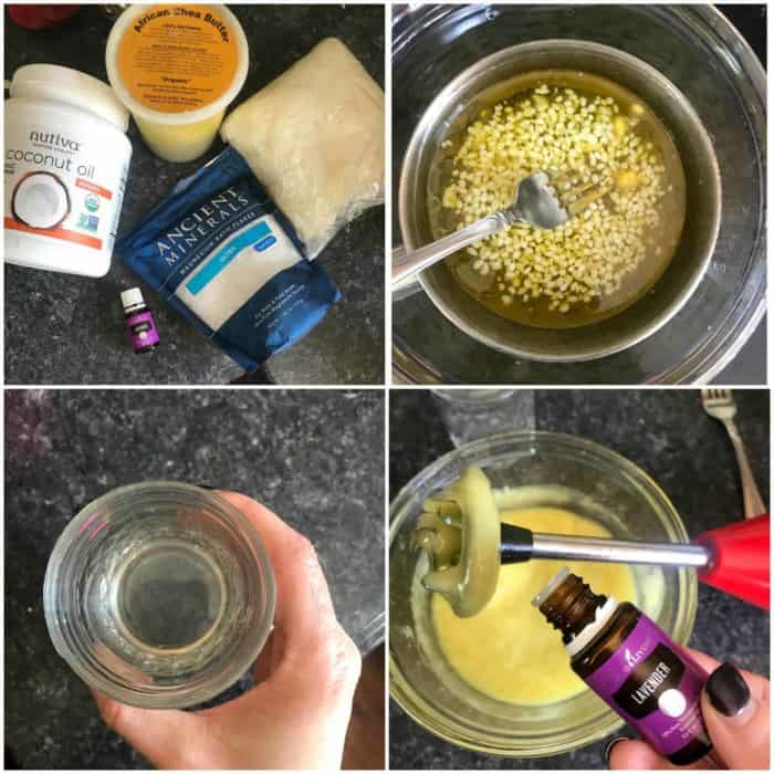 Image shows a collage of the process for how to make body butter