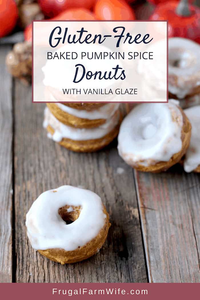 Image shows several glazed donuts on a table with text overlay that reads "Gluten-Free Baked Pumpkin spice Donuts with Vanilla Glaze"