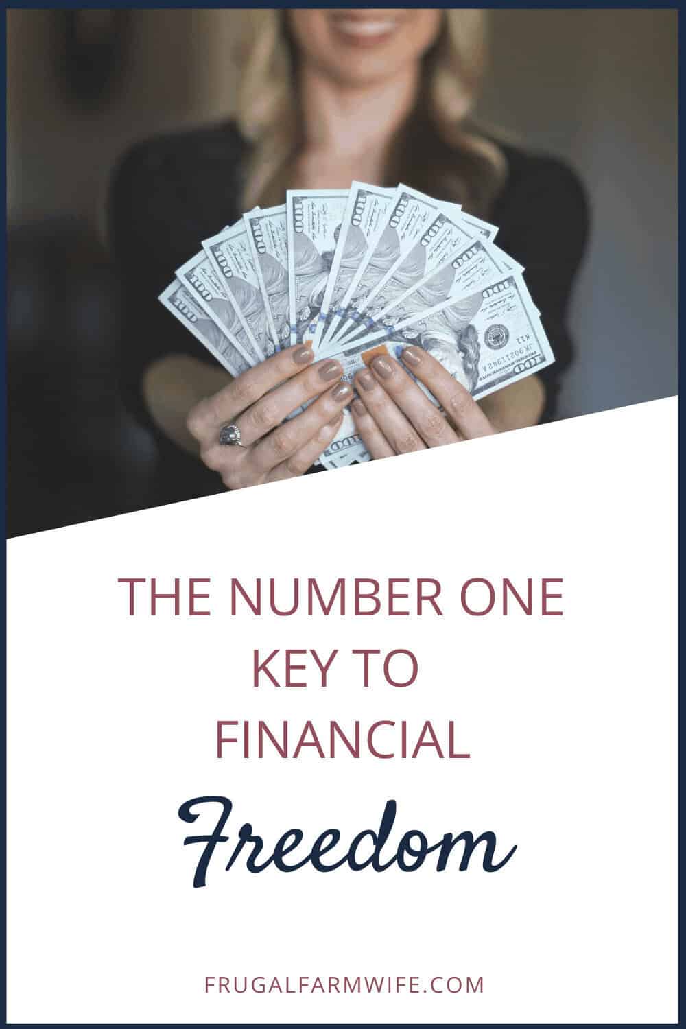 Image shows a woman in a black shirt holding fanned out $100 bills in her hands. Below her is text that reads "The number one key to financial freedom"