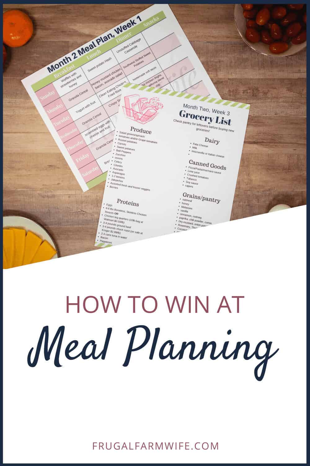 Image shows two sheets of printable meal planning guide on a counter top with fruits nearby. Text overlay reads "How to win at Meal Planning"