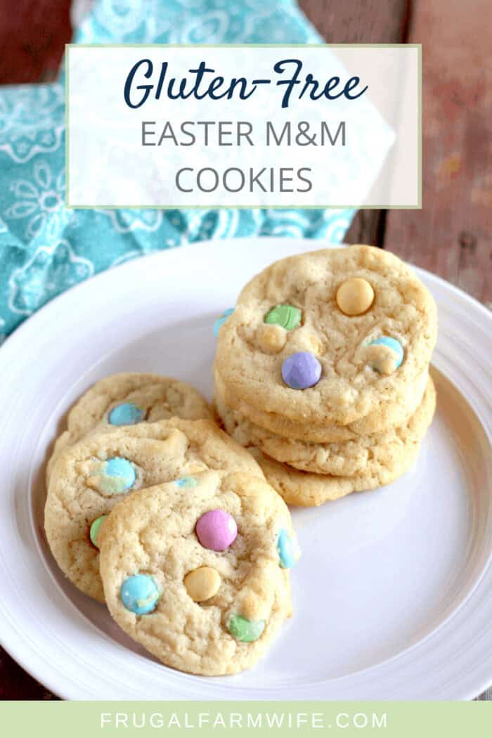 Image shows a plate of cookies with text that reads "Gluten-Free Easter M&M Cookies"