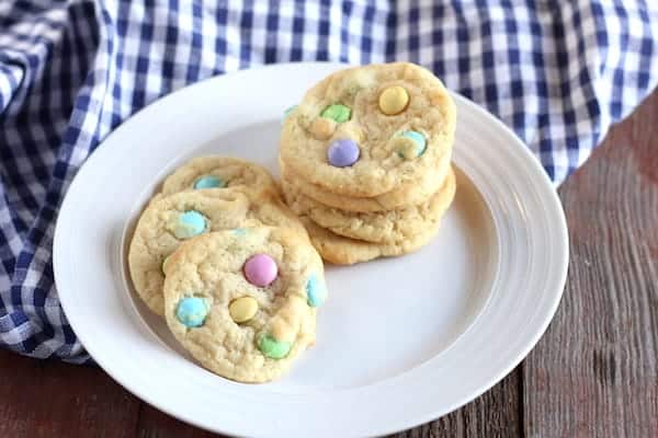 Photo shows a plate of M&M Easter Cookies on a table