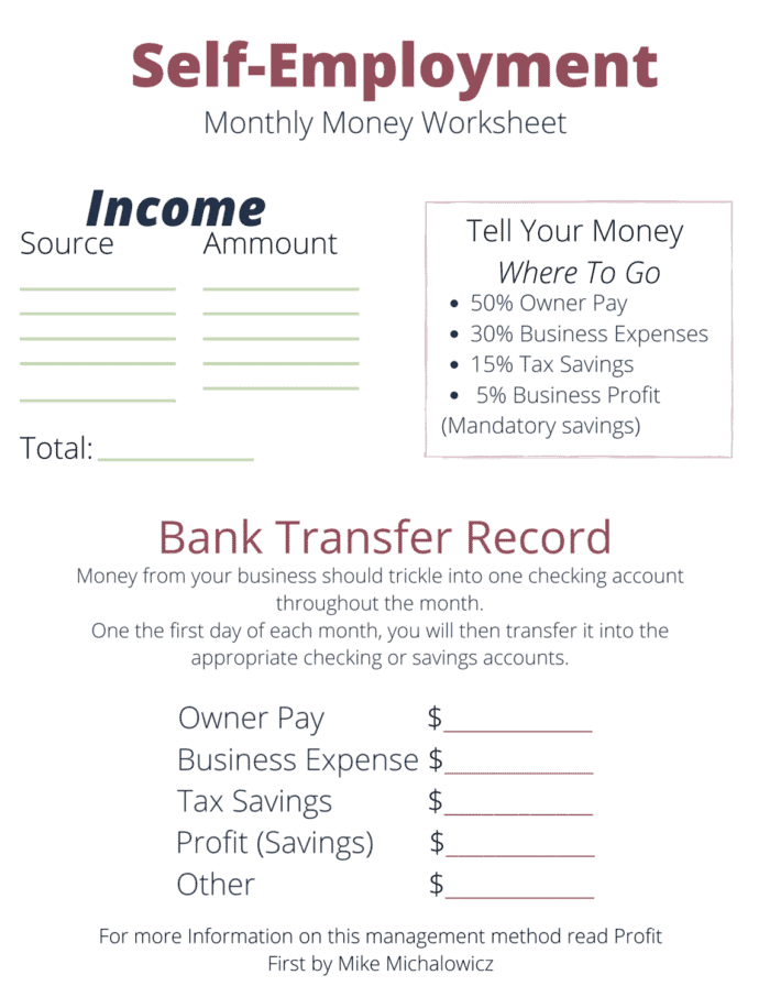 a worksheet to budget your money from self-employment