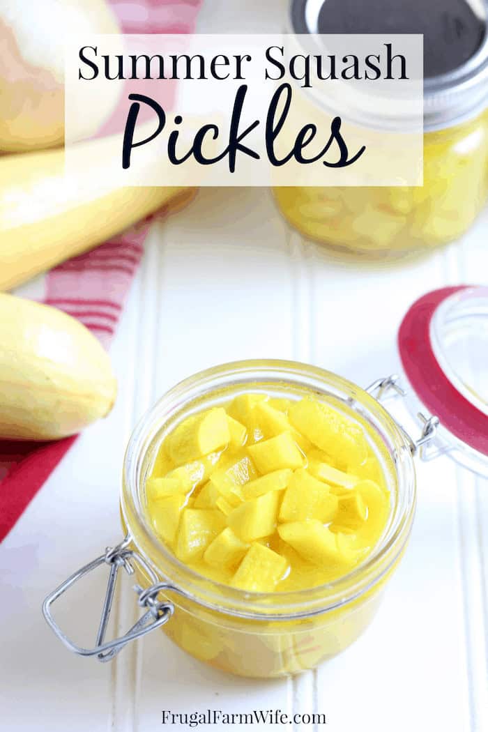 Image shows a jar of summer squash pickles along with the words "Summer Squash Pickles"