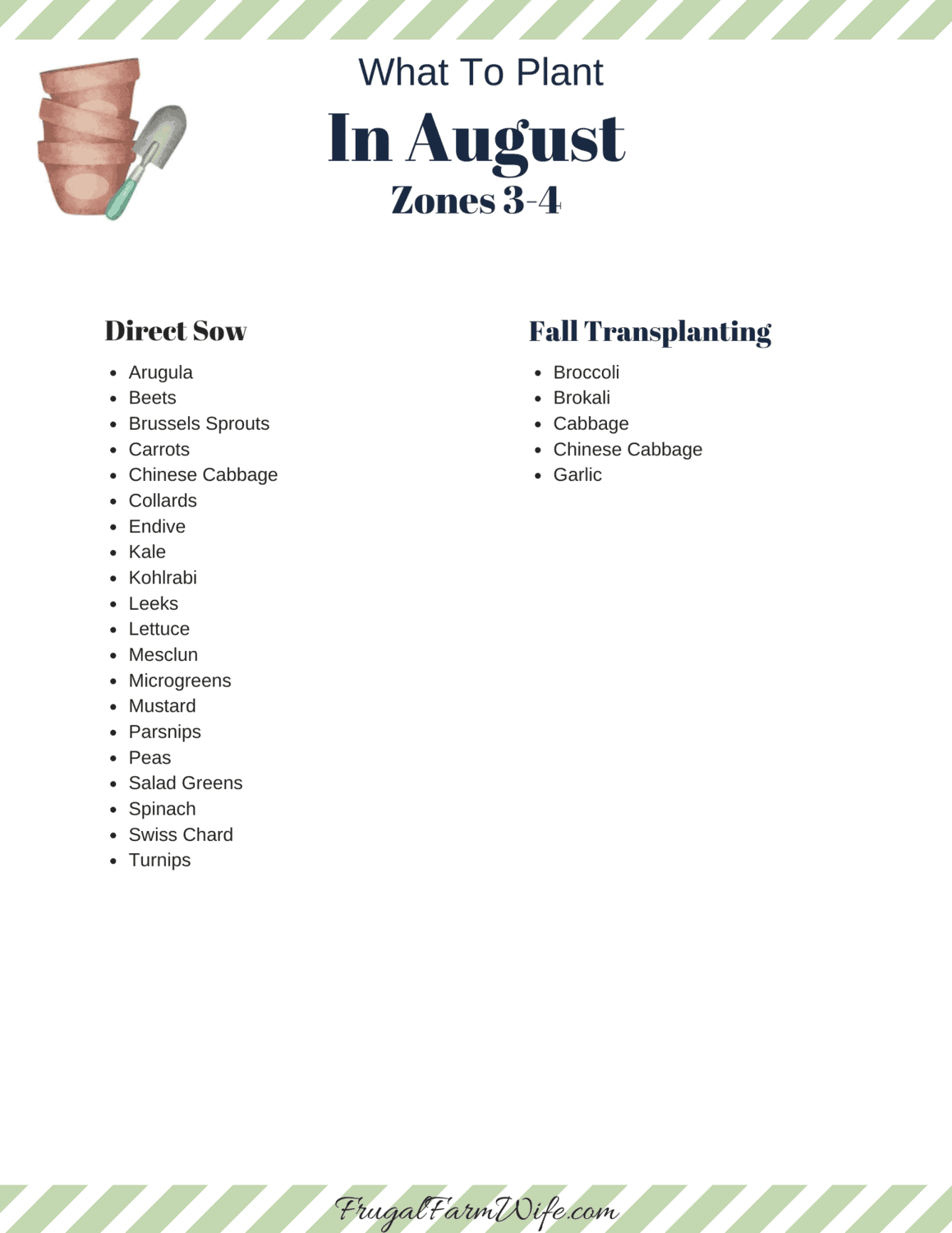 Image depicts a chart of what to plant in August in Zones 3-4, with small graphics of pots and a trowel in the corner.