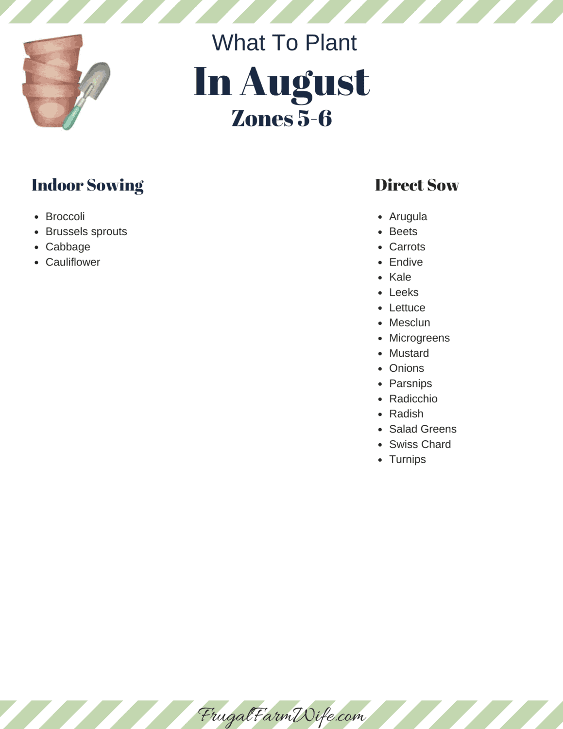 Image shows a chart of What to Plant in August in Zones 5-6, with a small graphic of some pots and a trowel in the corner.