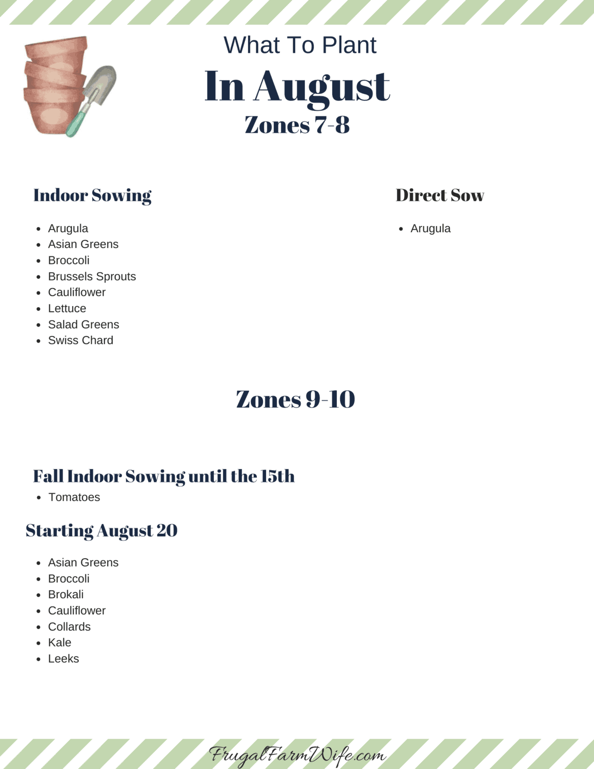 Image shows a chart of What to Plant in August in Zones 7-8, with a small graphic of some pots and a trowel in the corner.