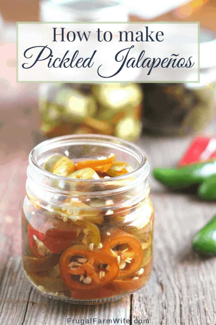 Photo shows a jar of jalapeno peppers, sliced, with text reading "How to Make Pickled Jalapenos"