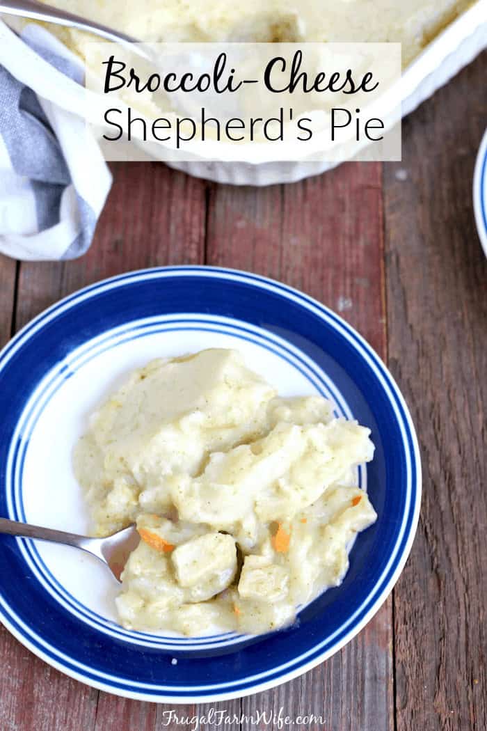 Image shows a plate of Shepherd's Pie on a plate, with the text "broccoli-cheese Shepherd's Pie"