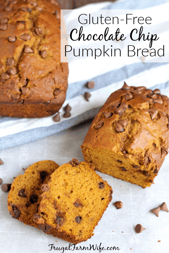 Image shows a couple of loaves of chocolate chip pumpkin bread on a towel with text that reads "gluten-free chocolate chip pumpkin bread"