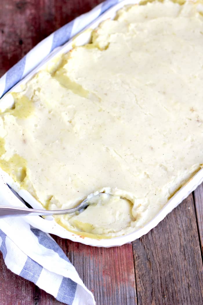 Image shows casserole dish of Shepherd's Pie