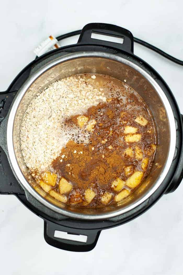 Photo shows the Instant Pot from above with apples, oatmeal and cinnamon