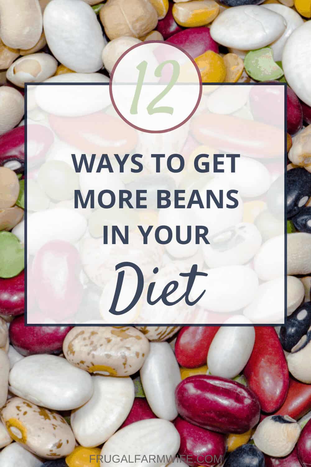 Photo shows a close up of red, black, white and green uncooked beans. White text box overlay reads "12 ways to get more beans in your diet"