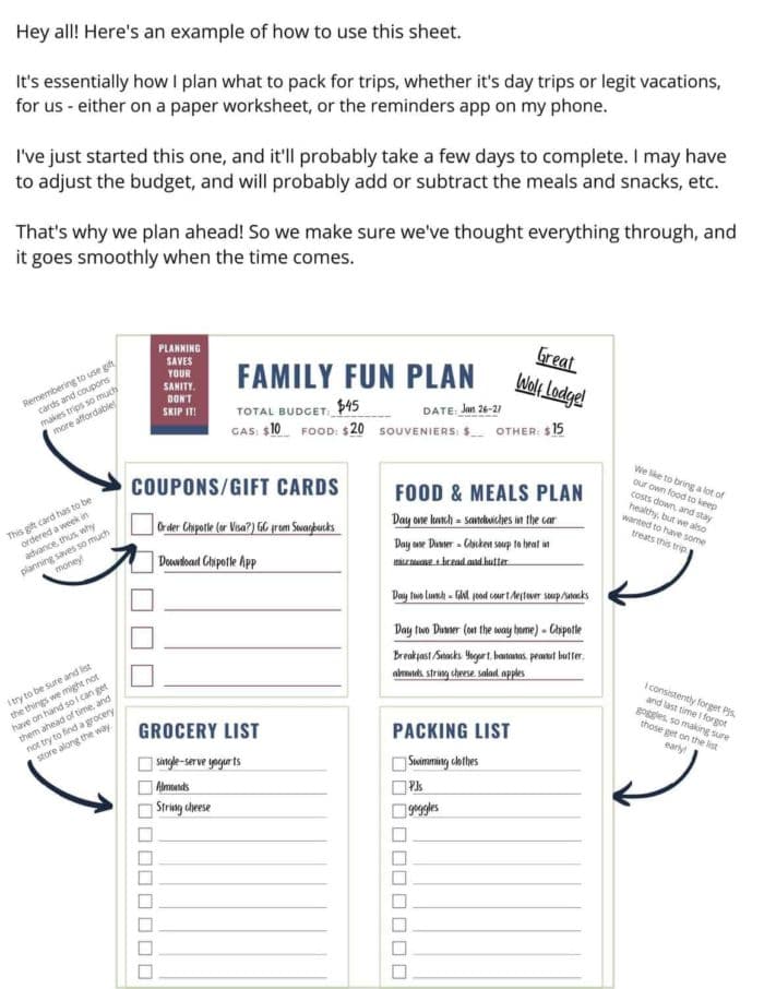 Photo shows a sample of a family vacation plan