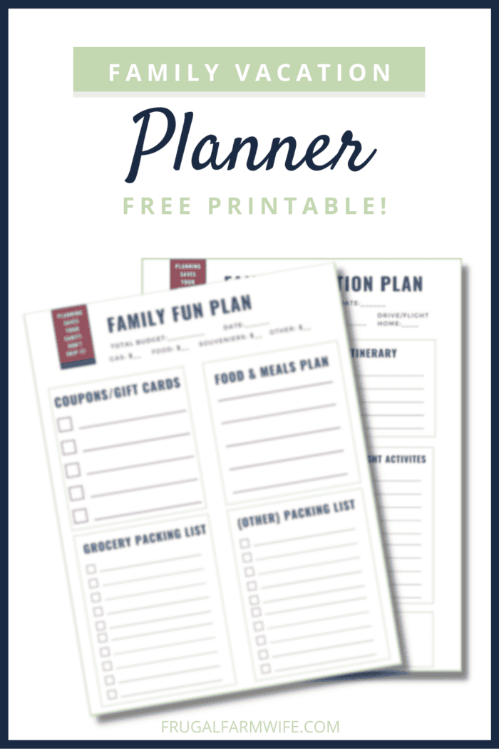 Image shows a printable family vacation planner with text that reads "Family Vacation Planner Free Printable!"