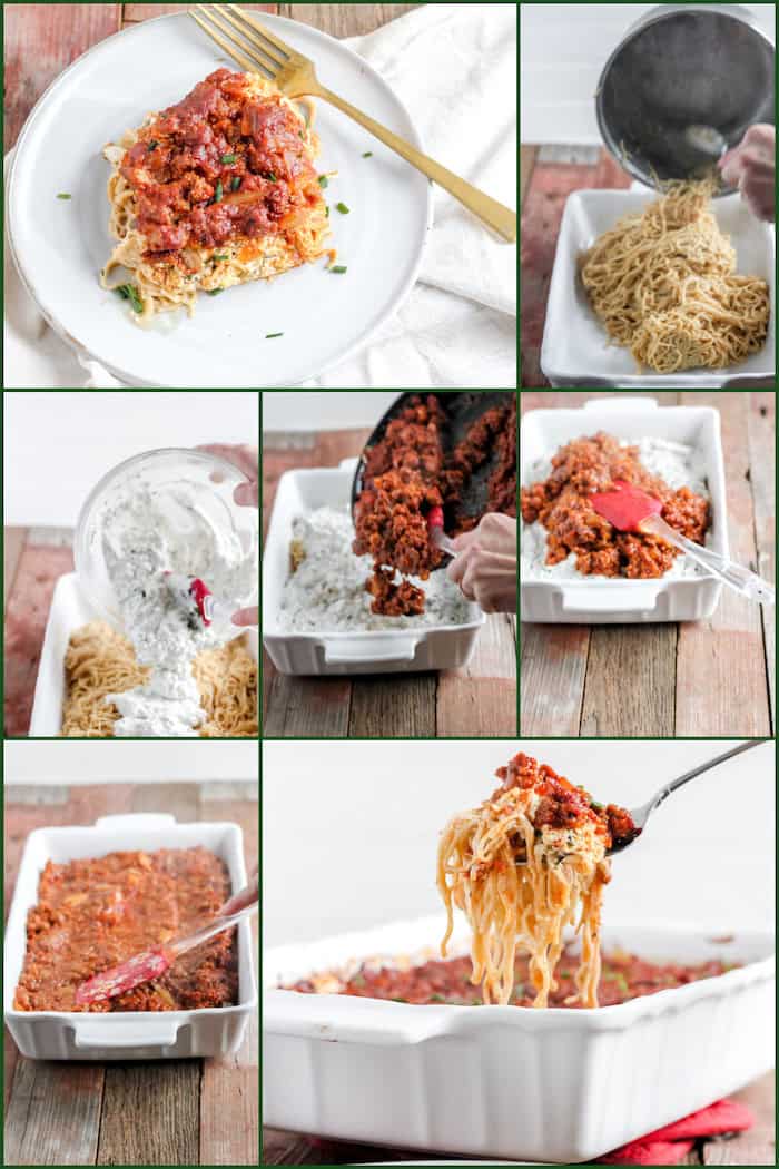 Image shows a collage of ingredients for baked spaghetti