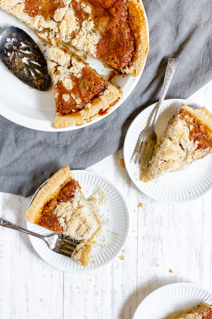 Photo shows two slices of Amish shoofly pie on a table