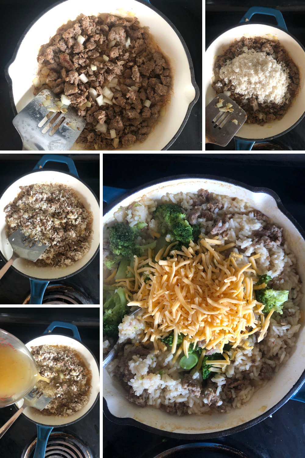 Image shows a collage of photos showing each of the steps to make the broccoli cheese skillet meal. From browning the sausage, to adding the rice, cheese and broccoli.