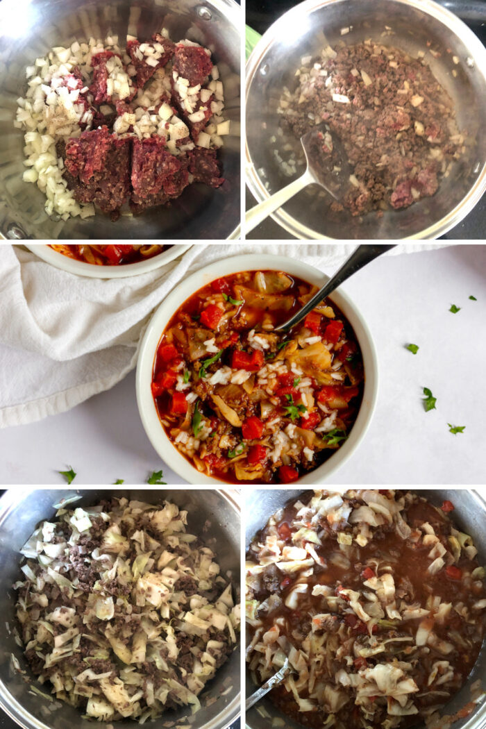 Image shows a collage of photos making stuffed cabbage soup