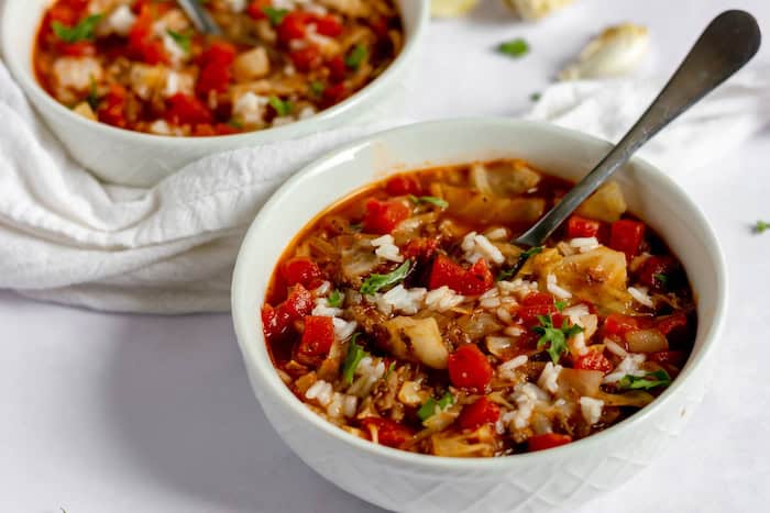 Photo shows a close up of a bowl of stuffed cabbage soup