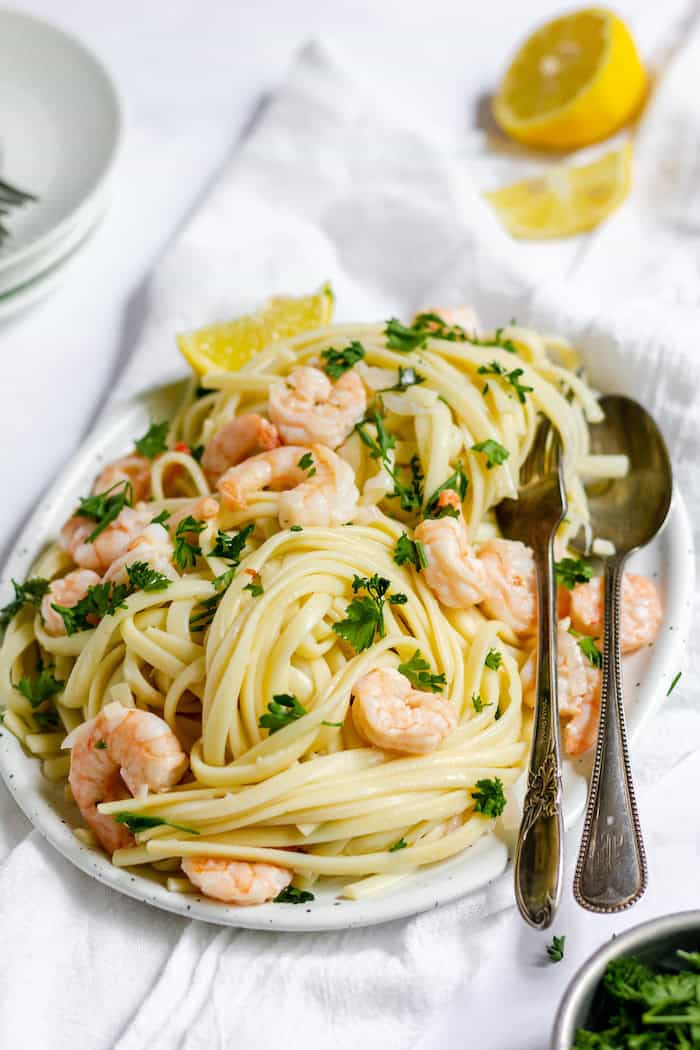 a plate full of gluten free shrimp scampi