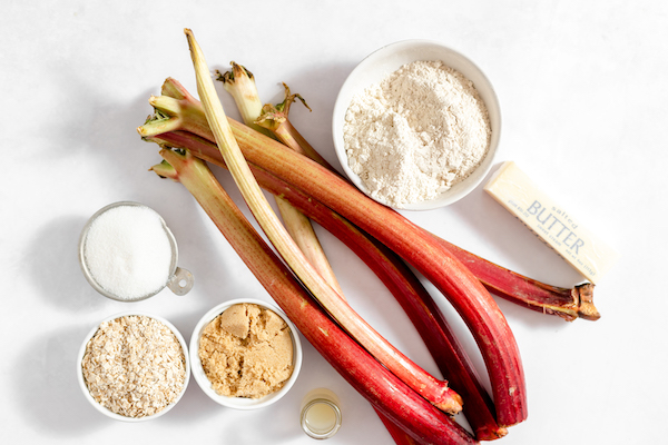 Ingredients for rhubarb crisp all laid out and ready to go