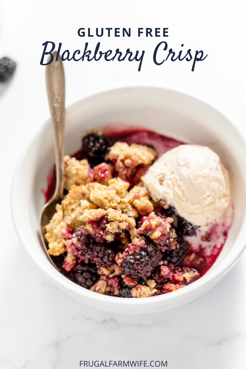 Photo, taken from above, shows a white bowl with a serving of blackberry crisp and a scoop of vanilla ice cream and a spoon. Text above reads "Gluten free Blackberry Crisp"