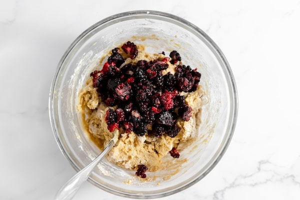 Image, taken from above shows dough for gluten free scones with blackberries