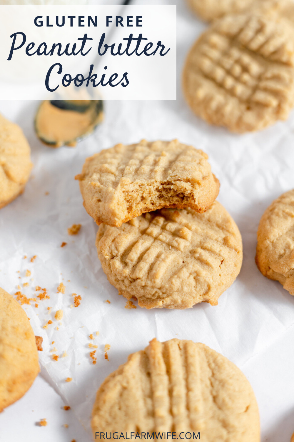 Image shows a half a dozen gluten free peanut butter cookies laid out on parchment paper. One cookie is leaning on another with a bite taken out of it. Text overlay reads "Gluten Free Peanut Butter Cookies"