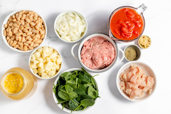 ingredients for peasant soup in bowls