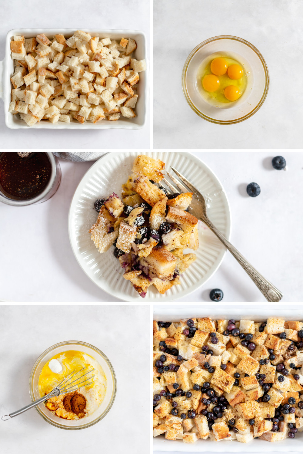 Image shows a collage of the steps to make French toast casserole- a pan of bread chunks, eggs, and the finished product on a plate in a photo in the middle. 