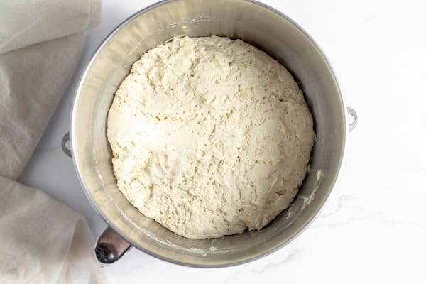 Image, taken from above shows risen focaccia dough