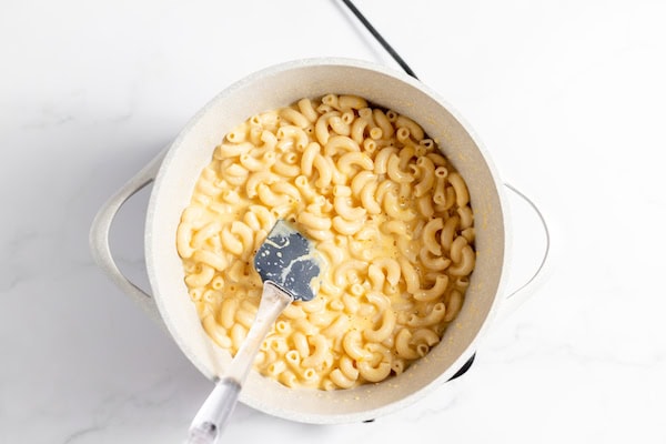 Image, taken from above shows the final gluten free mac n cheese in a pan