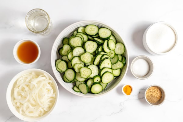Ingredients to make refrigerator bread and butter pickles