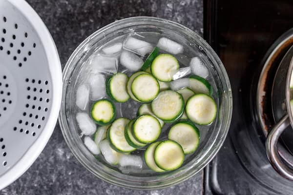 blanched zucchini in ice bath