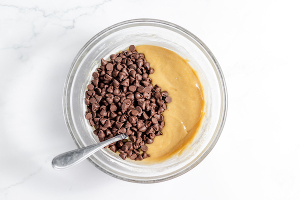 Image, taken from above, shows chocolate chips in blondie batter