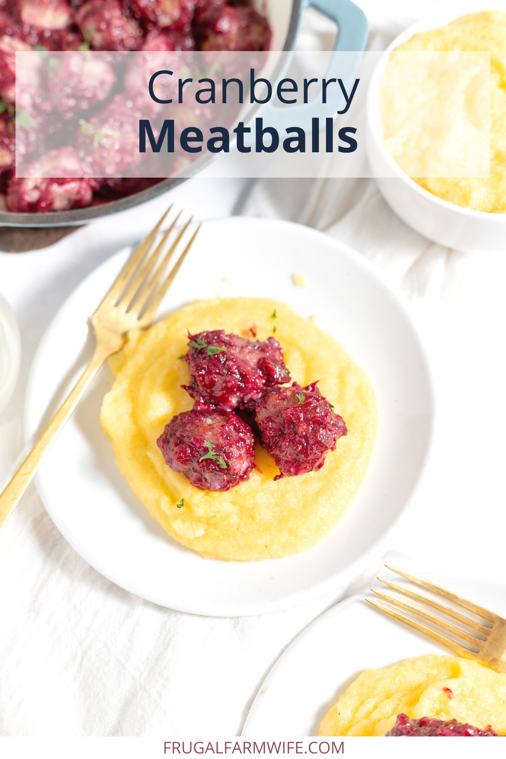 Image, taken from above, shows three cranberry meatballs served over polenta. An additional dish of meatballs and polenta is in the corners of the photo. Text overlay reads "Cranberry Meatballs"