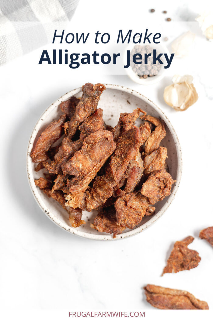 homemade alligator jerky in a bowl